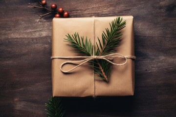 Eco friendly parcel Christmas present on a dark wooden table