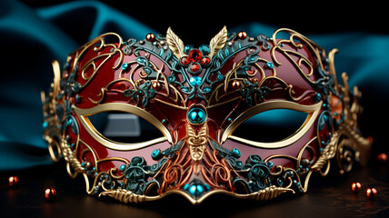 carnival mask and red crown on black background.
