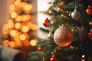 Obraz na płótnie Canvas Close up of ornaments on a Christmas tree in a living room