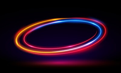 Glow neon circle. Blue glowing ring on floor. Abstract hi-tech background for display product. Vector template. Portal frame, futuristic concept