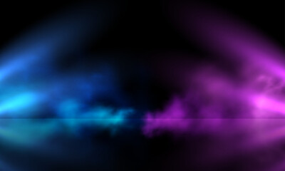 Smoke stage vector background. Abstract blue and pink fog with shadow and bright light rays. The stage is illuminated by spotlights from below, and bright smoke with a mirrored reflective floor.