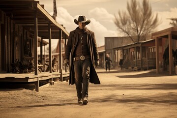 cowboy enters the old west town in full body - Powered by Adobe