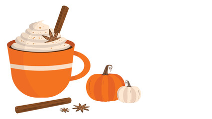 Vector Flat Style Pumpkin Flavored Coffee Mug, Cinnamon Stick, Vanilla Decorative Mug with Autumn Decorations Set. Orange and White Pumpkins with hot drink mug Autumn design isolated on white backdrop