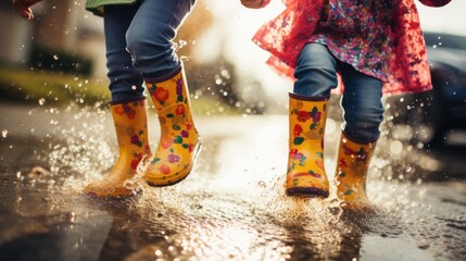 Close-up of children's feet jumping over puddles in rubber boots. - obrazy, fototapety, plakaty