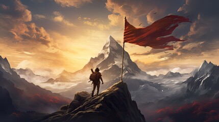 Illustration of a traveler climbing a mountain path with a flag flying proudly. - obrazy, fototapety, plakaty