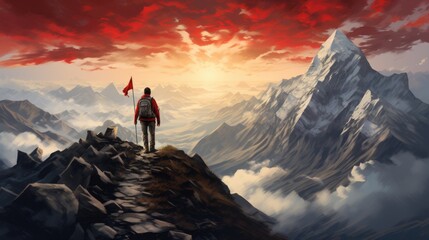 Illustration of a traveler climbing a mountain path with a flag flying proudly.