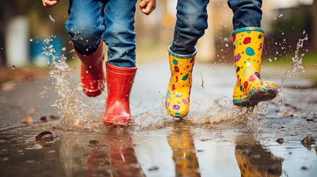 Close-up of children's feet jumping over puddles in rubber boots.