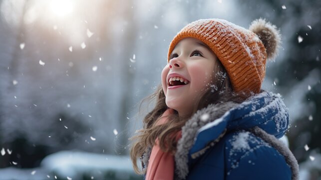 Image of a child with a radiant smile, savoring the first snowfall.