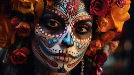 Image of a woman with intricate sugar skull makeup.