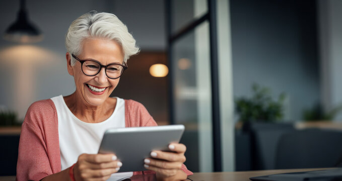 A smiling older woman embracing technology, showing how enthusiastically she uses a tablet, copy space