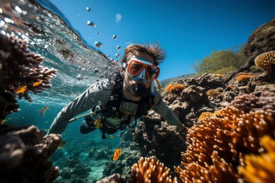 A captivating underwater shot of a snorkeler exploring a vibrant coral reef, surrounded by a diverse array of marine life, highlighting the wonder and vitality of outdoor water activities for health
