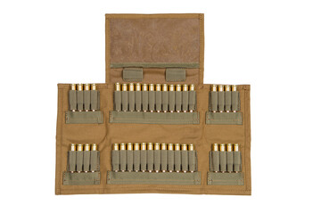 A light brown ammunition cartridge bag with bullets for a rifle in it. Isolated on white background.