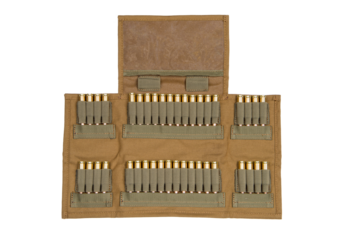 A light brown ammunition cartridge bag with bullets for a rifle in it. Isolated on white background.
