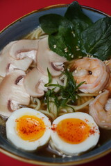 ramen with egg and shrimp, asian food, mushrooms