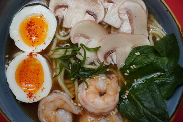 ramen with shrimp and egg, asian food, soup