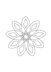 blütenförmige rosette aus tropfenförmigen blütenblättern und zentralem kleinen stern gezeichnet mit schwarzen linien, modernes abstraktes design,  - obrazy, fototapety, plakaty