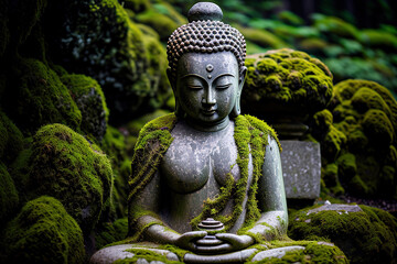 Buddha stone statue in green zen environment, generative ai.
