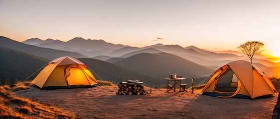 Tourist camp in the mountains, tent in the foreground. generative AI.