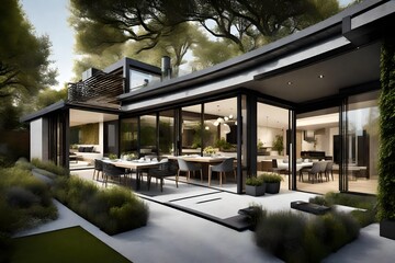 View of luxurious modern house exterior with dining space and garden