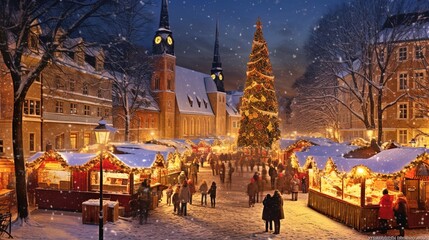 christmas market with christmas decorations, during the night