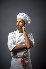 Naklejka premium man chef cook or baker in uniform thinks what to cook