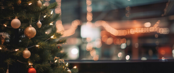A portion of a Christmas tree beautifully adorned, with distant lights creating a blurred bokeh...