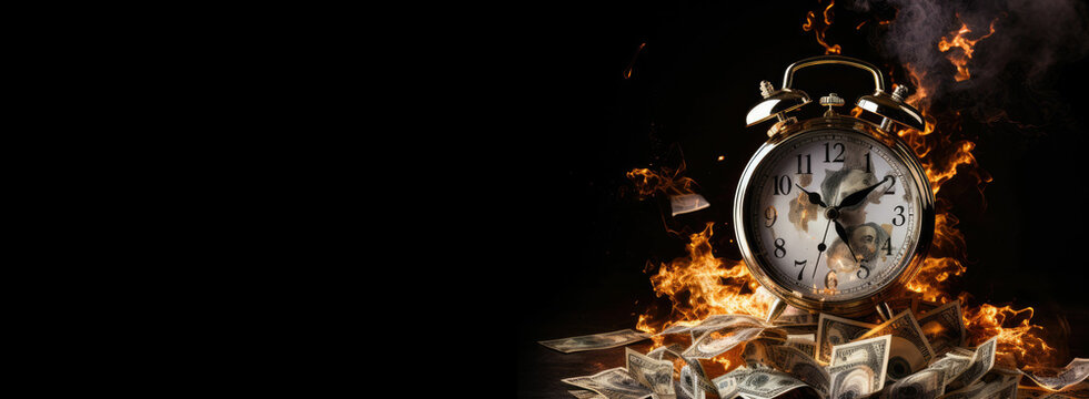 cover photo dramatic exlpoding alarm clock with money on under it in fiery flame with copy space and black background. Generative AI