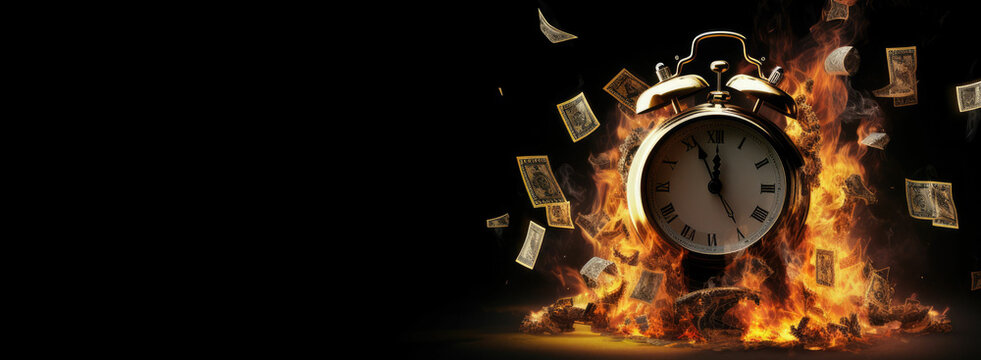 cover image with dramatic exlpoding alarm clock with money on the back in fiery flame with black background. Generative AI