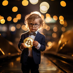 Young rich cryptocurrency investor - small toddler boy child wearing glasses and holding a golden Bitcoin in hand, dressed in a suit as a businessman, dark glamour background