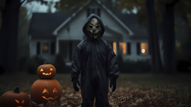 Spooky Halloween creature with pumpkins at night