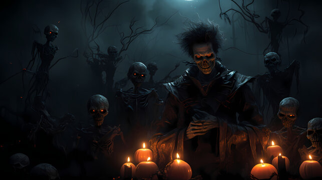 Spooky Halloween creature with pumpkins at night