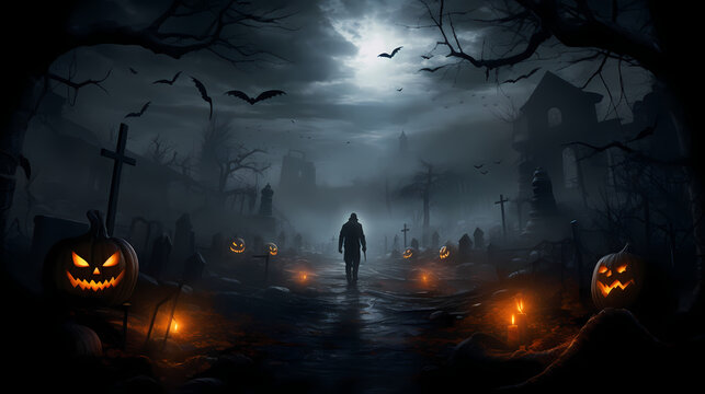 Halloween creepy reature on graveyard with pumpkins at night