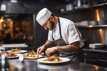 male chef serving food on a white plate working in a restaurant - obrazy, fototapety, plakaty