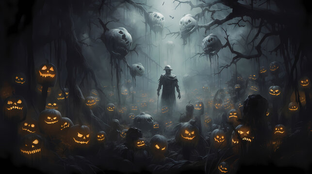 Halloween creature in a creepy forest with glowing pumpkins