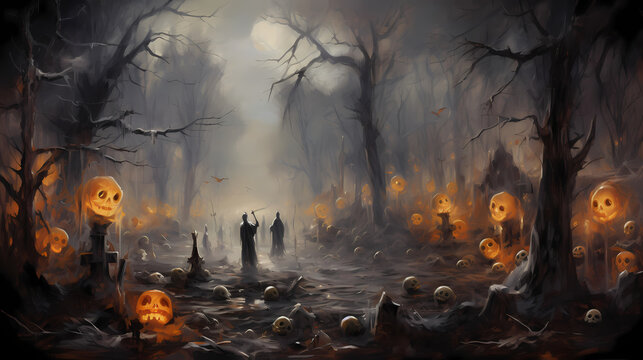 Halloween creatures in a forest at night