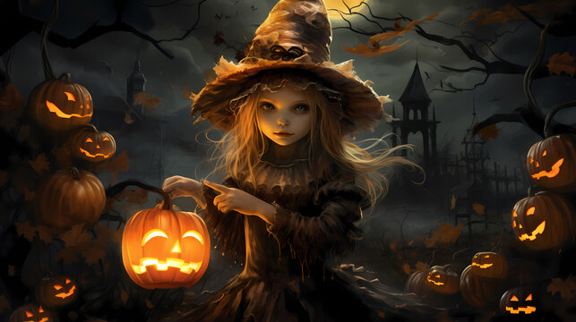 Halloween witch with pumpkins