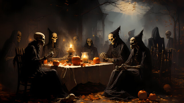 Halloween skeletons with robes meeting on a table with pumpkins and candles