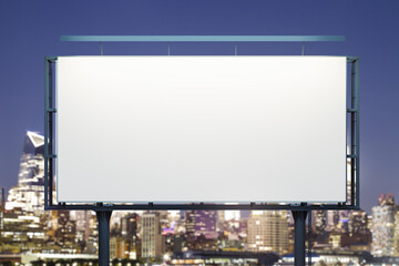 Blank white billboard on cityscape background at evening, front view. Mock up, advertising concept
