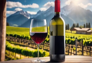 red wine on wooden surface red wine on wooden surface glass of red wine against vineyard and mountains landscape
