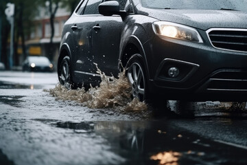 A car drives through a puddle in the rain not caring about pedestrians. - obrazy, fototapety, plakaty