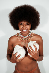 Angry afro Woman screaming studio editorial portrait expression 