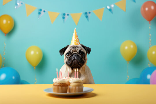 A humorous birthday portrait: pug with cupcake, candles, and balloons