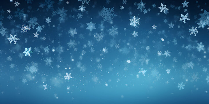 Schnee, Eiskristall, Schneefall zu Weihnachten im Winter vor blauem Hintergrund