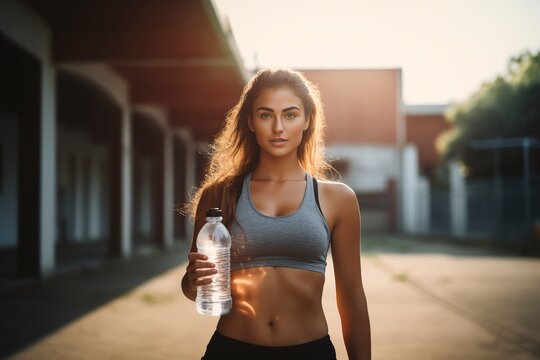 young woman training with a bottle of water in her hands
