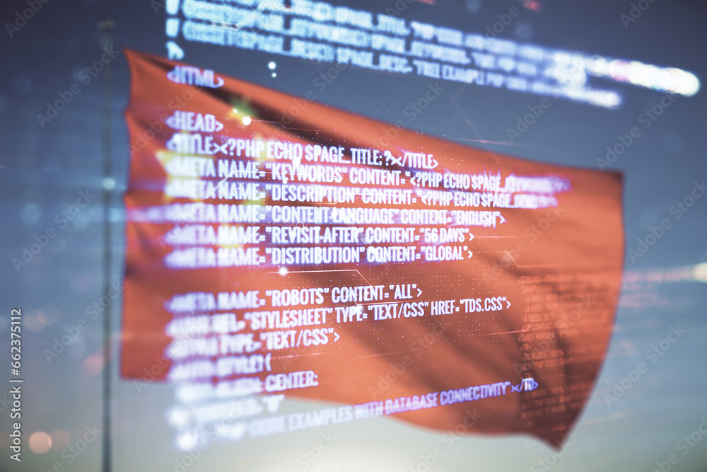 Poster multi exposure of abstract programming language hologram on flag of china and blue sky background, a