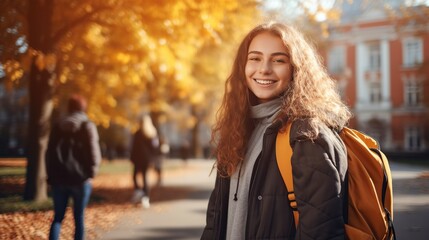 Fototapeta premium happy student with a backpack and a blurred school background