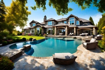 Fototapeta na wymiar Beautiful home exterior and large swimming pool on sunny day with blue sky