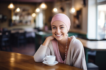woman cancer patient smiling drinking coffee in cafe - obrazy, fototapety, plakaty