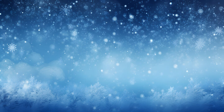 Schnee, Eiskristall, Schneefall zu Weihnachten im Winter vor blauem Hintergrund