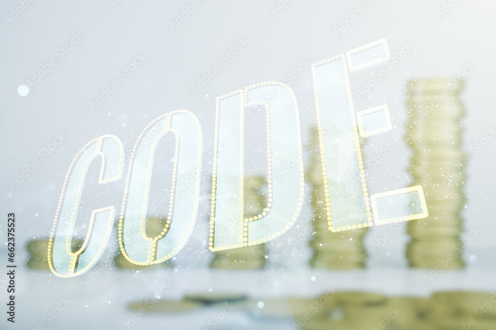 Aufkleber code word hologram on coins background, international software development concept. multiexposure